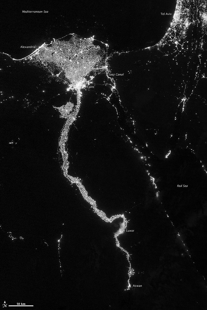 City lights tracing the Nile River valley and delta at night, imaged by the Suomi NPP satellite in October 2012, with Cairo glowing at the delta